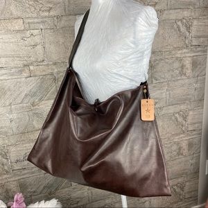LAMB BORDER LEATHER HOBO TOTE BAG Brown & Black